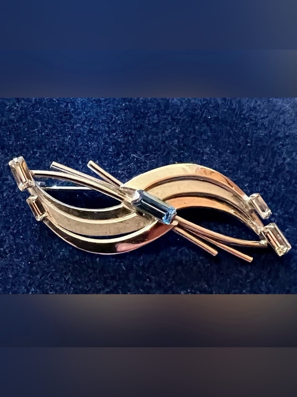 Vintage Castlemark Sterling Gold Vermeil Blue Glass Retro Brooch 5”